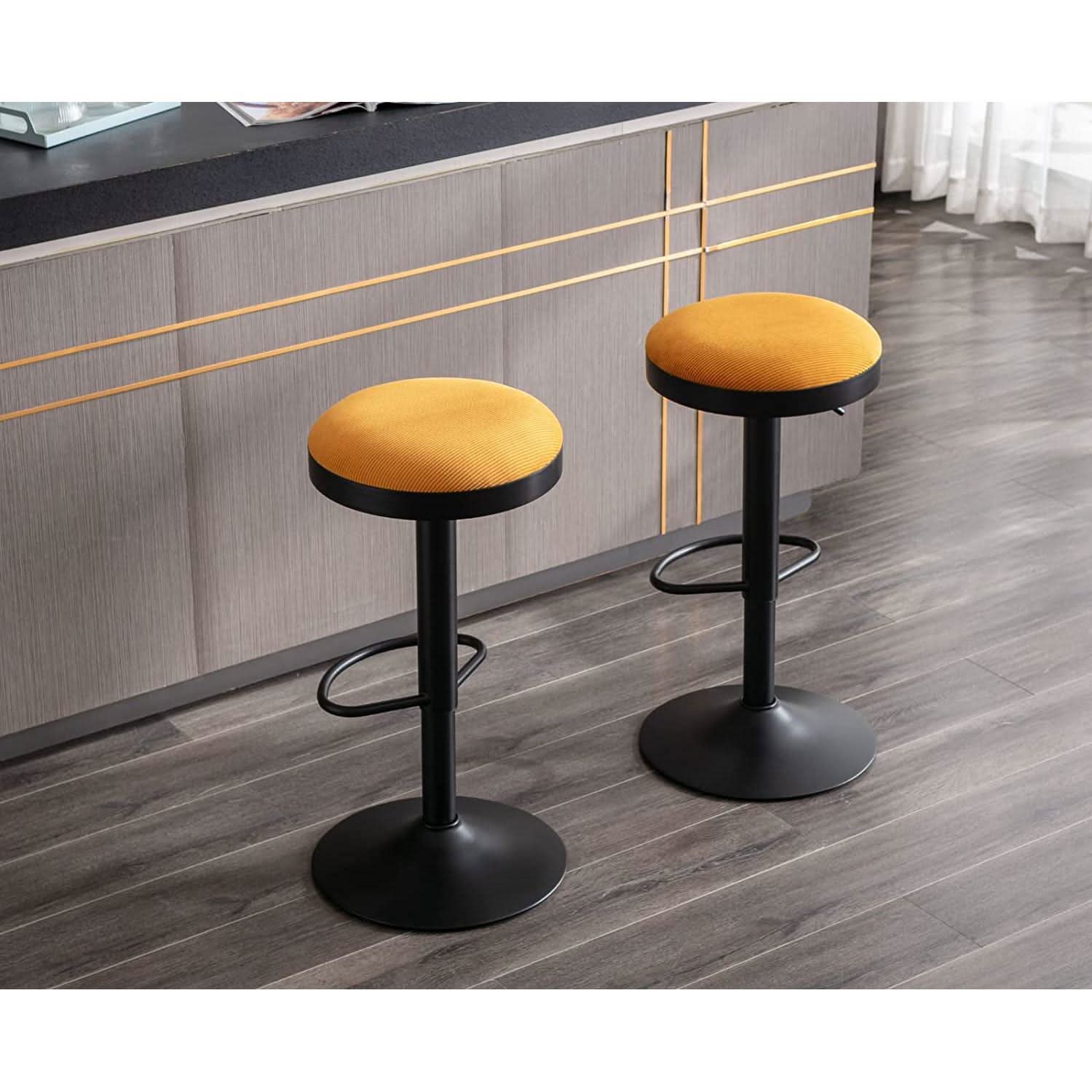Yellow Fabric Swivel Bar Stool Set Of 2 Height Adjustable