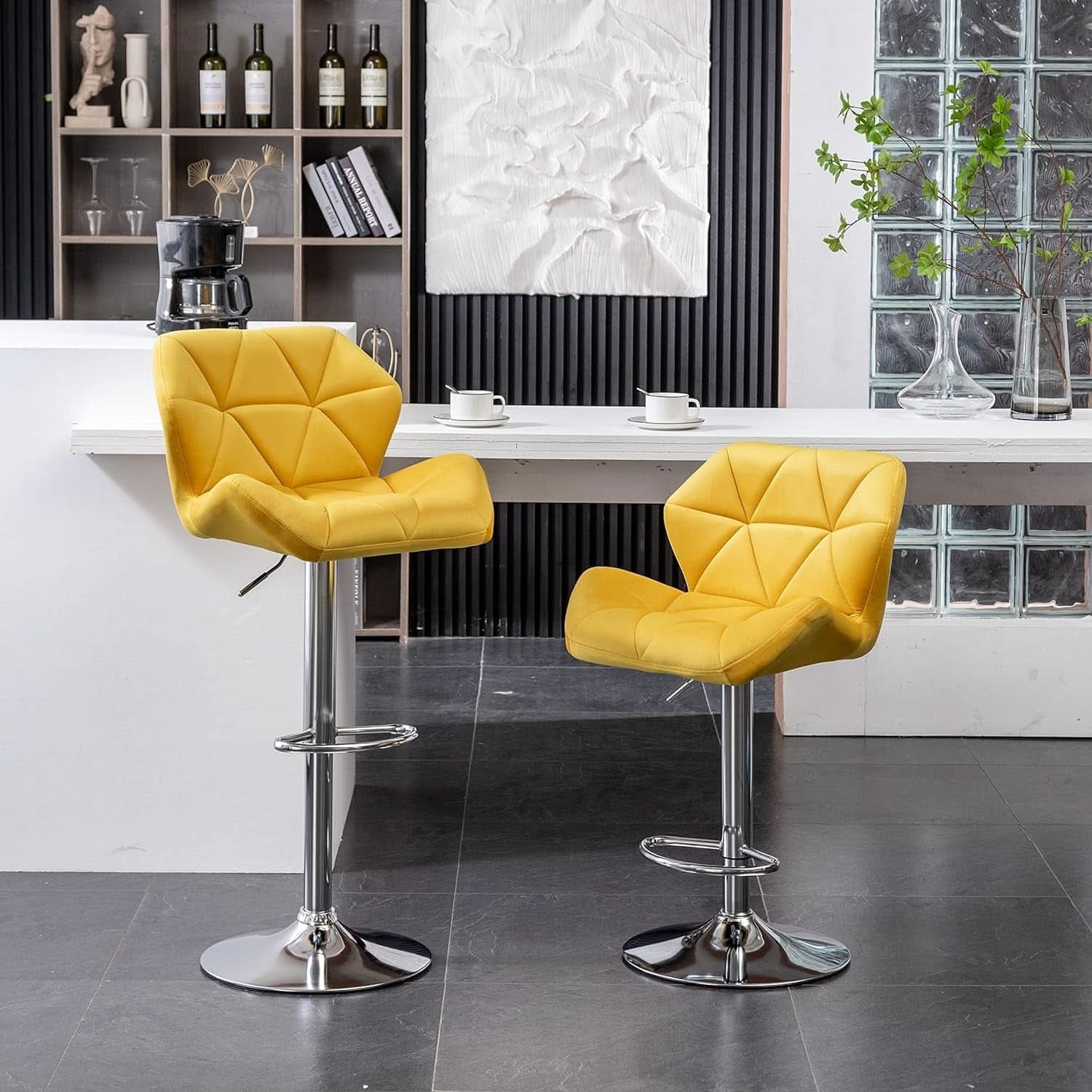 Yellow Velvet Diamond Tufted Swivel Barstools Set Of 2