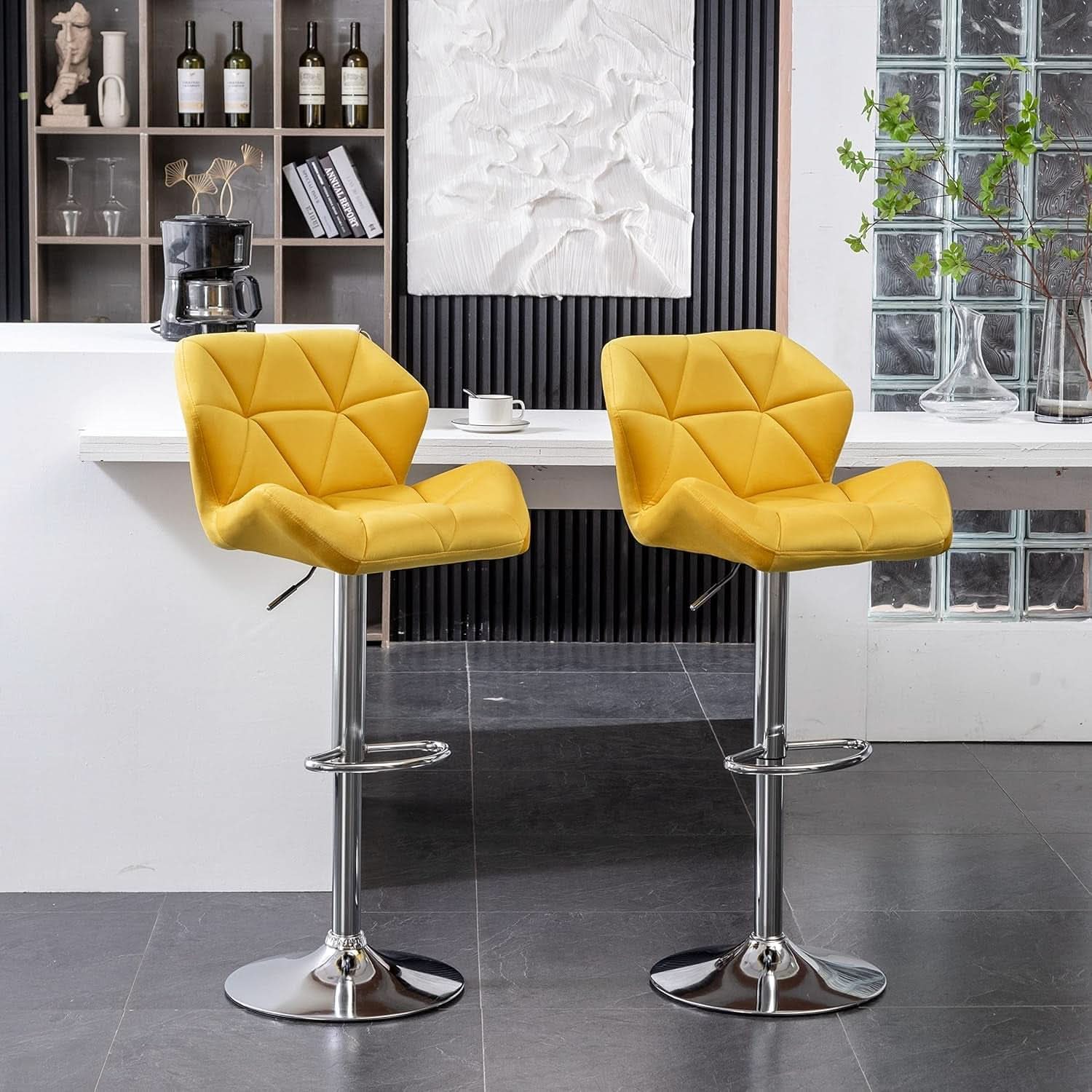 Yellow Velvet Diamond Tufted Swivel Barstools Set Of 2