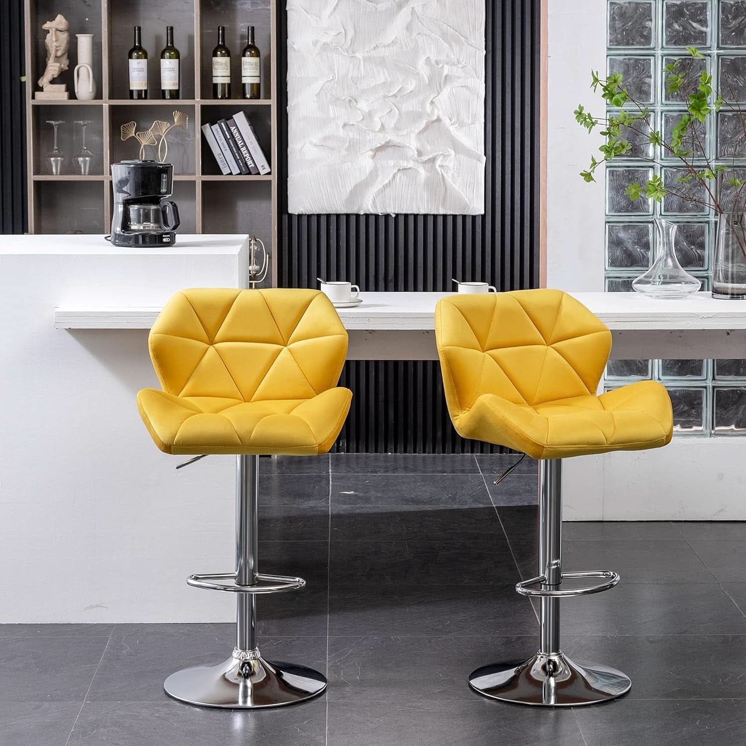 Yellow Velvet Diamond Tufted Swivel Barstools Set Of 2