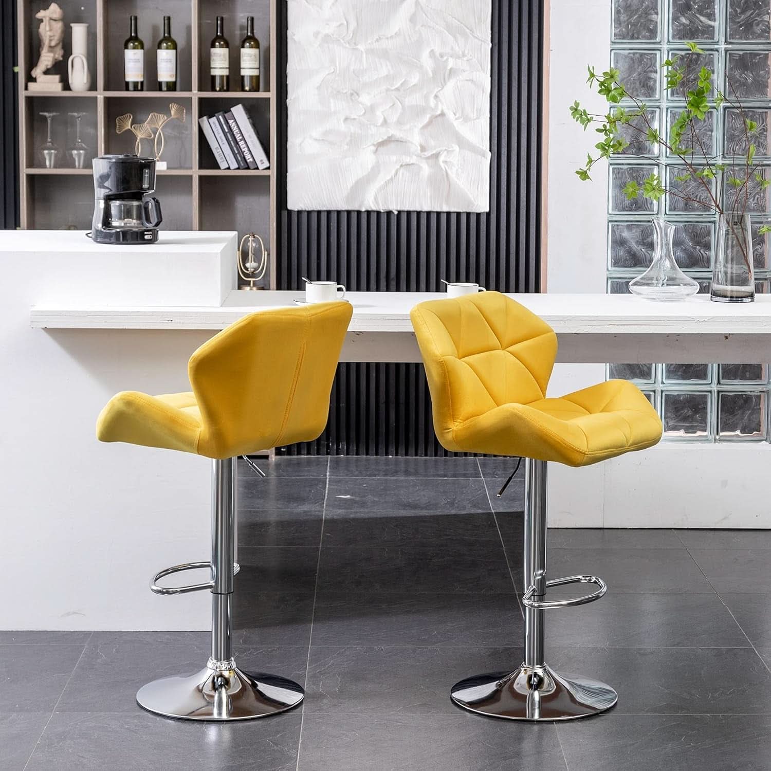 Yellow Velvet Diamond Tufted Swivel Barstools Set Of 2