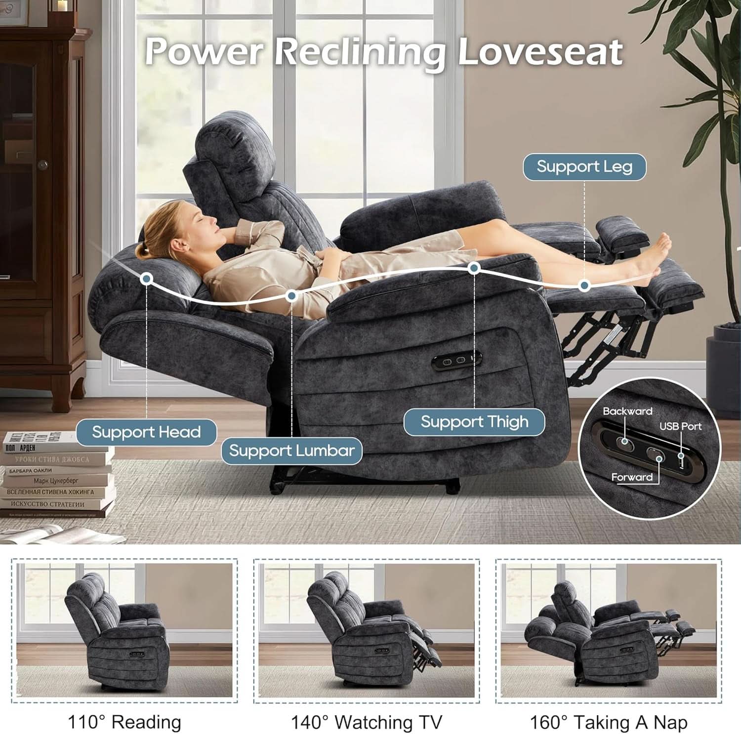 Zero Gravity Power Reclining Sofa Grey With USB Ports