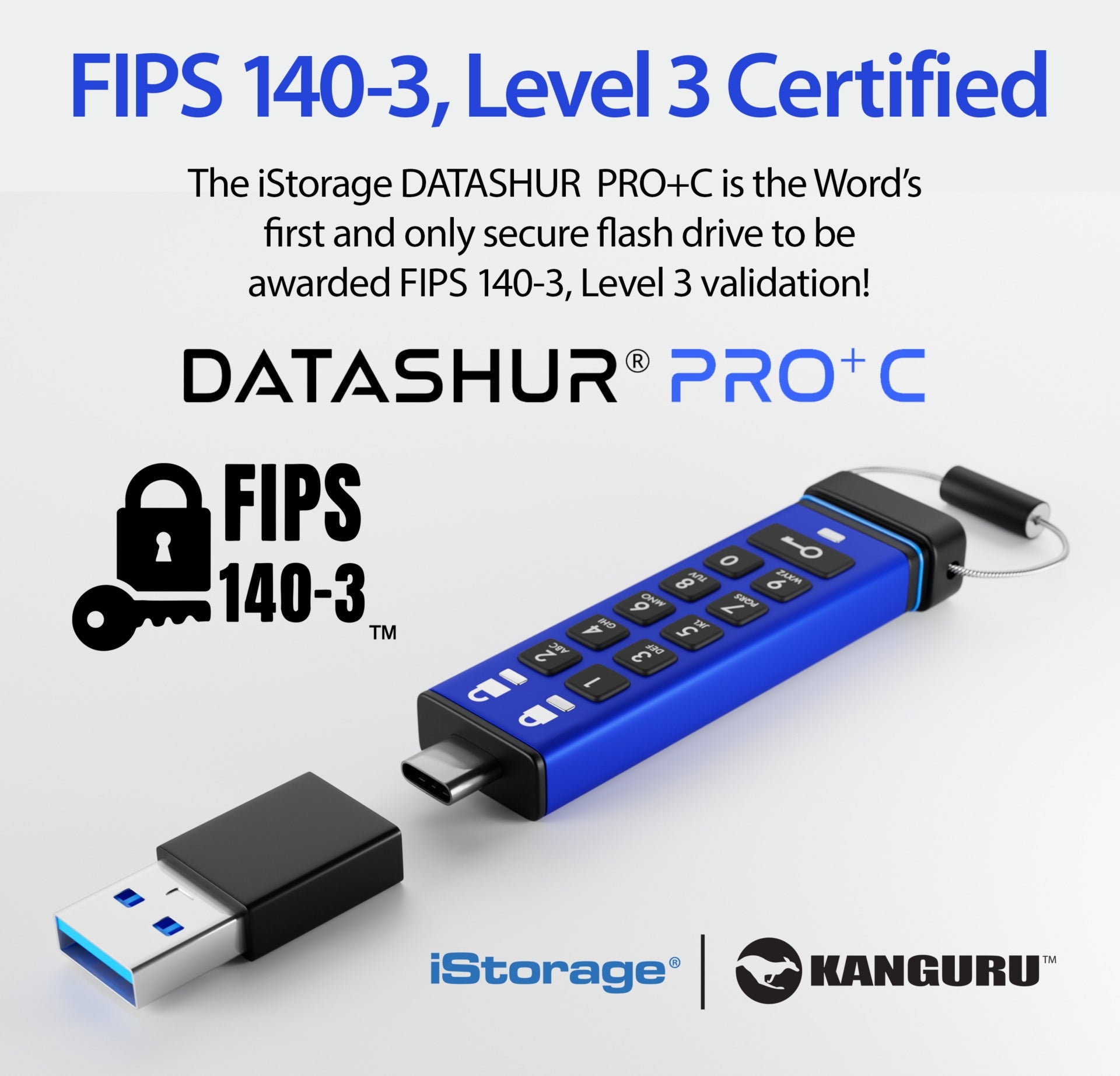 iStorage datAshur PRO+C 512GB USB-C FIPS 140-3 Level 3 Secure Flash Drive