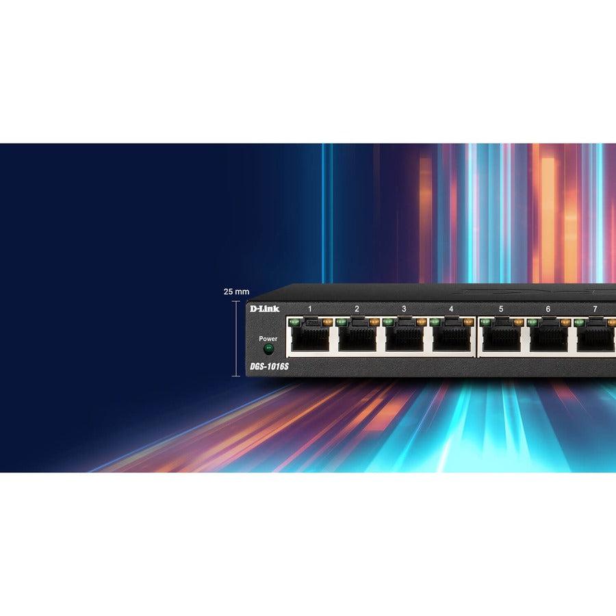 16 Port Gigabit Switch - Unmanaged Desktop Ethernet Hub | D-Link DGS-1016S