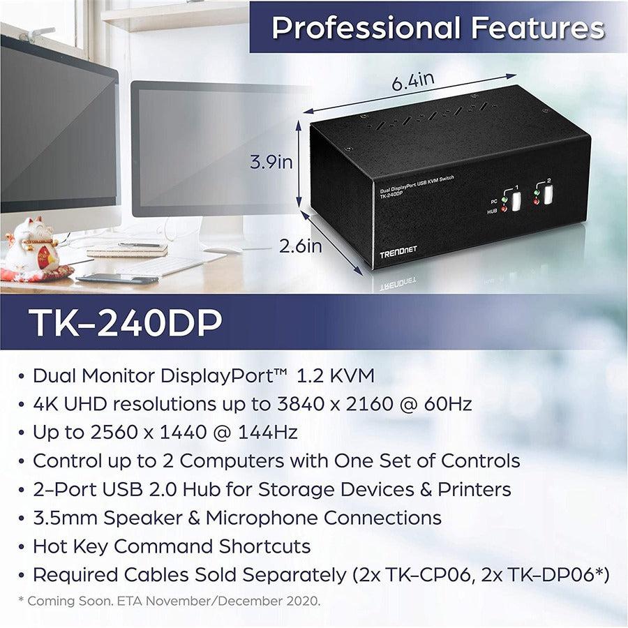 2 Port Dual Monitor KVM Switch - 4K DisplayPort USB Hub | TRENDnet TK-240DP