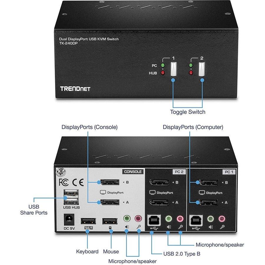 2 Port Dual Monitor KVM Switch - 4K DisplayPort USB Hub | TRENDnet TK-240DP