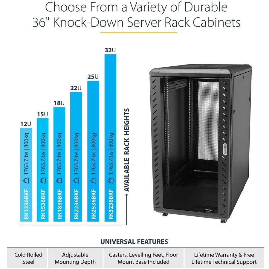 25U Server Rack Cabinet - StarTech 4-Post Lockable 19" Data Center Enclosure | TechSoft RK2536BKF