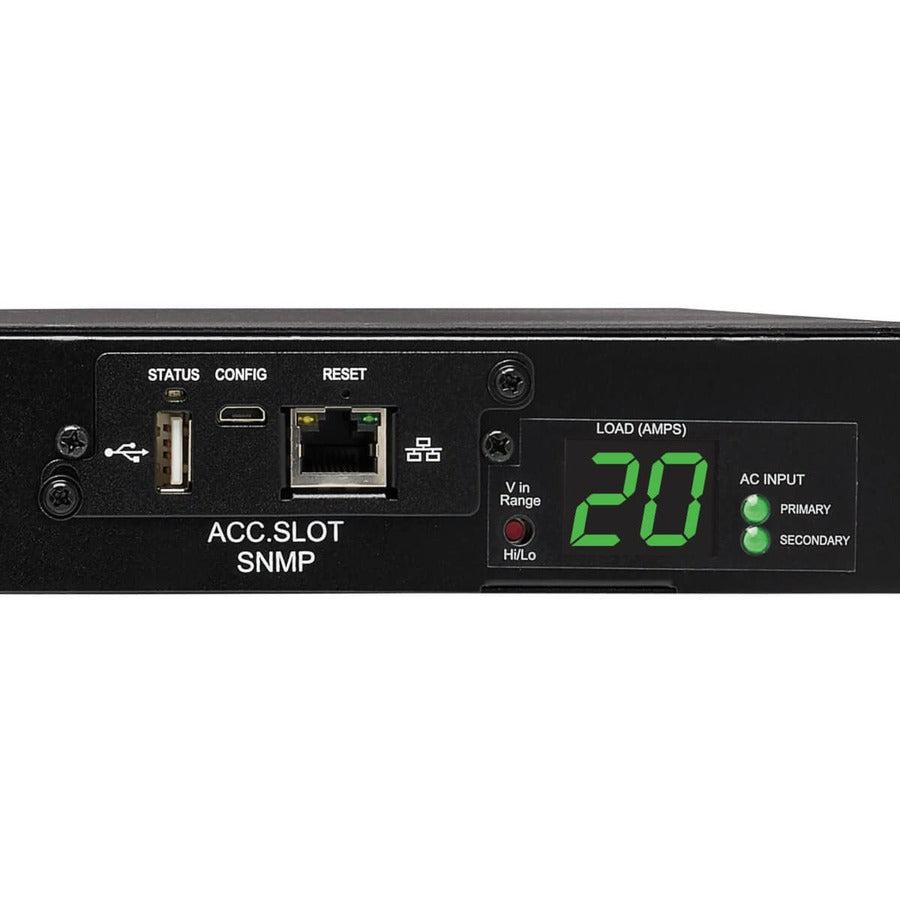 3.8kW Single-Phase Switched Automatic Transfer Switch PDU, Two 200-240V C20 Inlets, 8 C13 & 2 C19 Outputs, 1U, TAA PDUMH20HVATNET