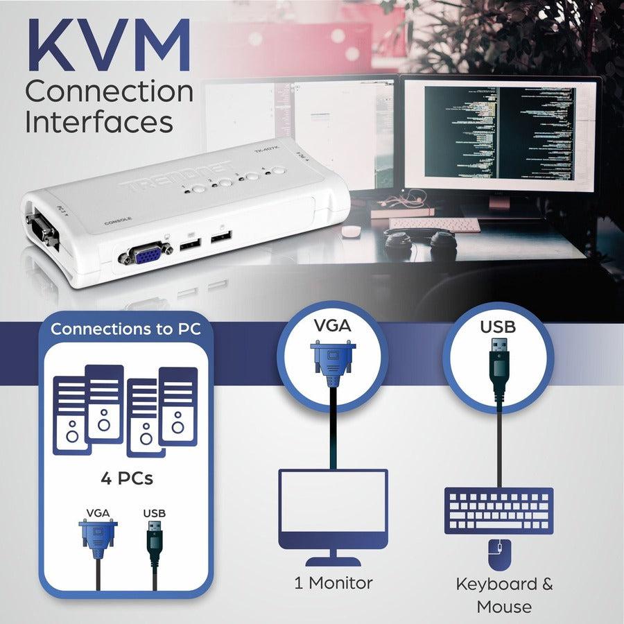 4 Port USB KVM Switch with Cables - VGA Computer Switching Solution | TRENDnet TK-407K