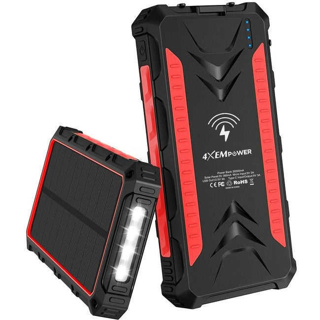 4XEM 20,000 maH Mobile Solar Power Bank and Charger (Red) 4XSOLARPWRRD