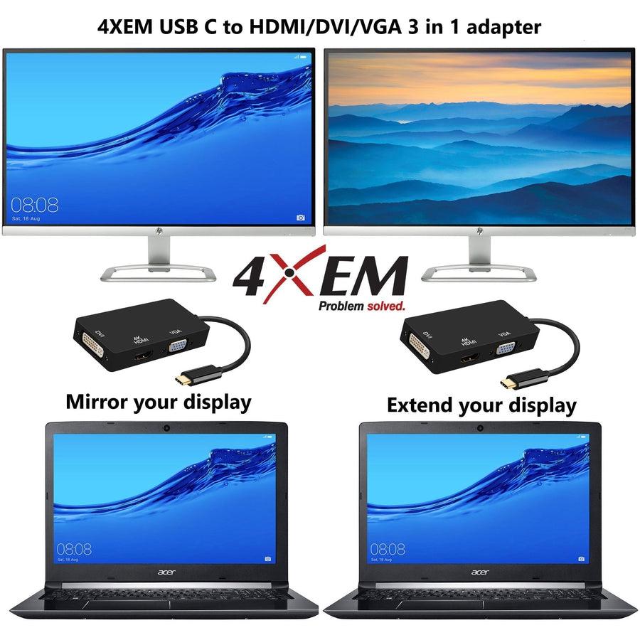 4XEM 3 in 1 USB Type C Hub To HDMI DVI VGA Adapter 4XUSBCHDMIDVIVGA