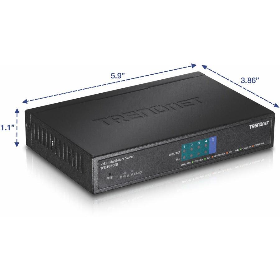 5 Port PoE+ Switch - Gigabit EdgeSmart Web Management | TRENDnet TPE-TG50ES