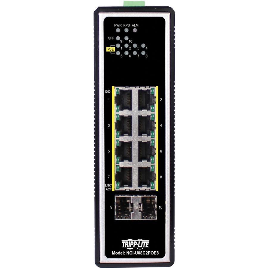 8-Port Industrial Network Switch Gigabit Unmanaged 30W PoE+ SFP DIN Mount - Tripp Lite by Eaton NGI-U08C2POE8