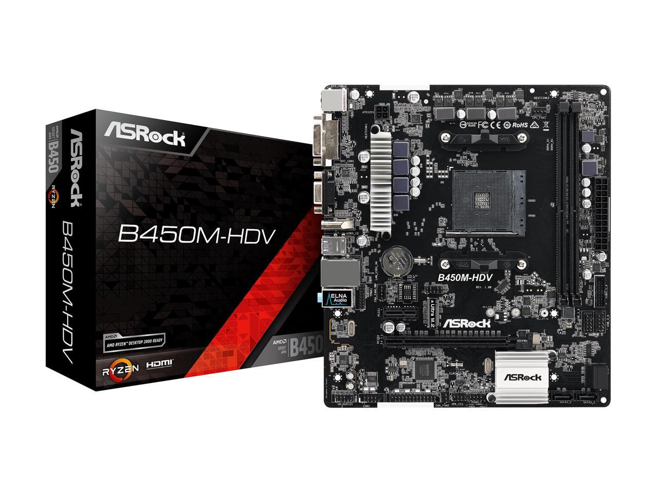 Asrock B450M-Hdv Am4 Amd Promontory B450 Sata 6Gb/S Usb 3.1 Hdmi Micro Atx Amd Motherboard