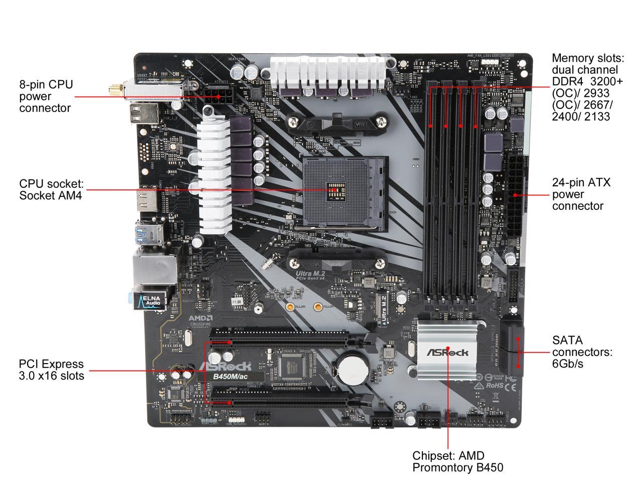 Asrock B450M/Ac Am4 Amd Promontory B450 Sata 6Gb/S Micro Atx Amd Motherboard