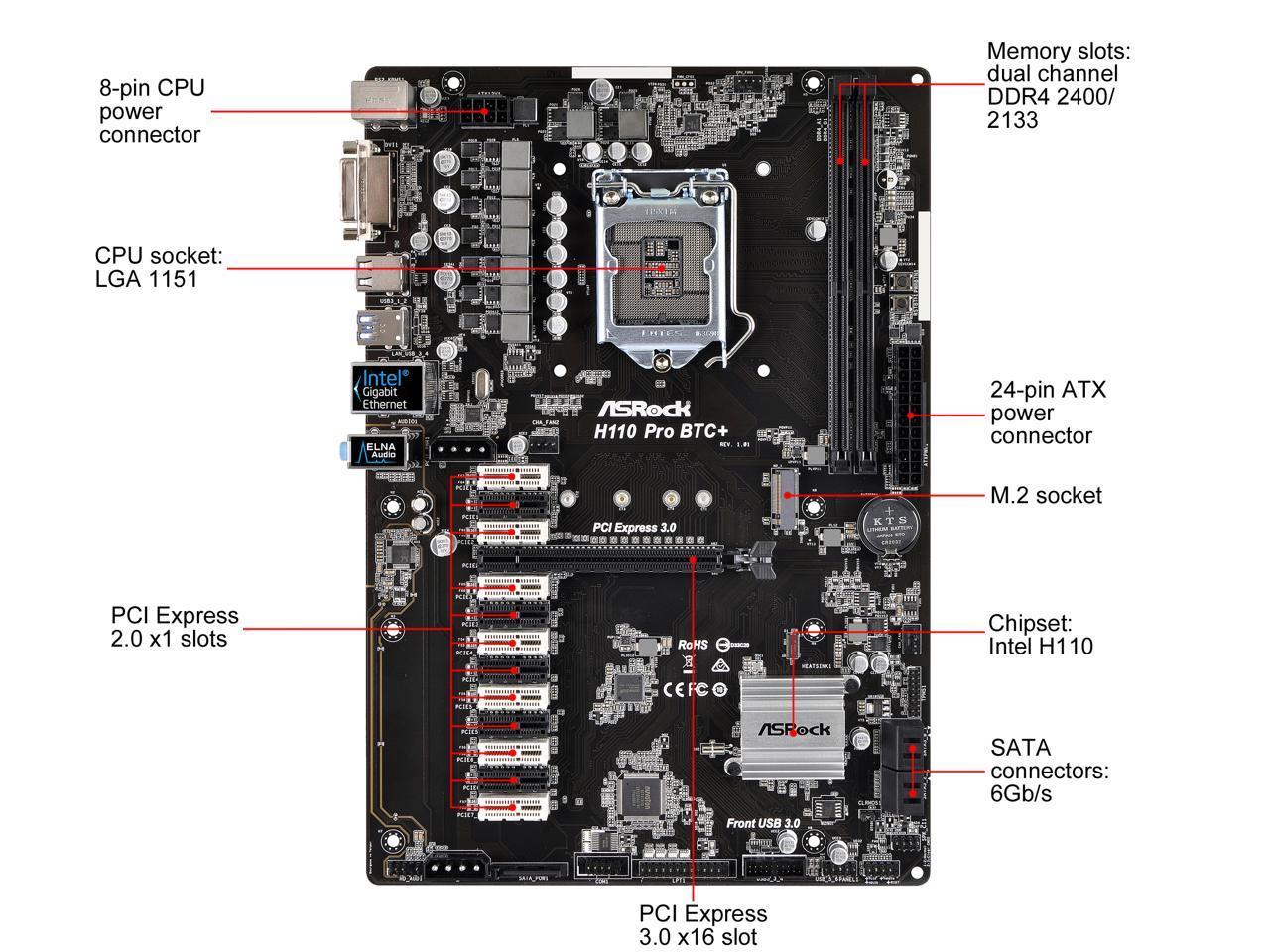 Asrock H110 Pro Btc+ Lga 1151 Intel H110 Sata 6Gb/S Atx Intel For Cryptocurrency Mining (Btc) Motherboard