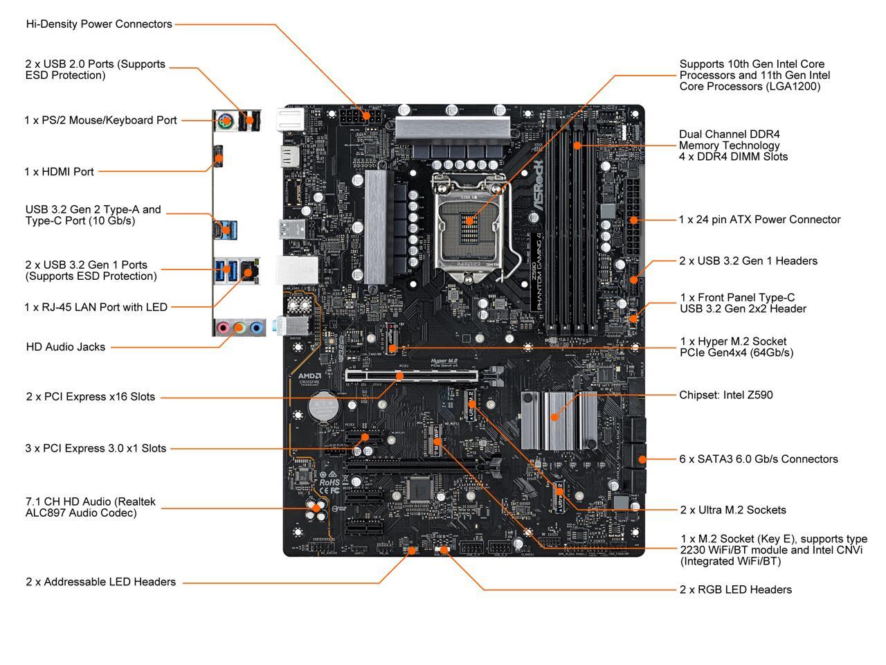 Asrock Z590 Phantom Gaming 4 Lga 1200 Intel Z590 Sata 6Gb/S Atx Intel Motherboard