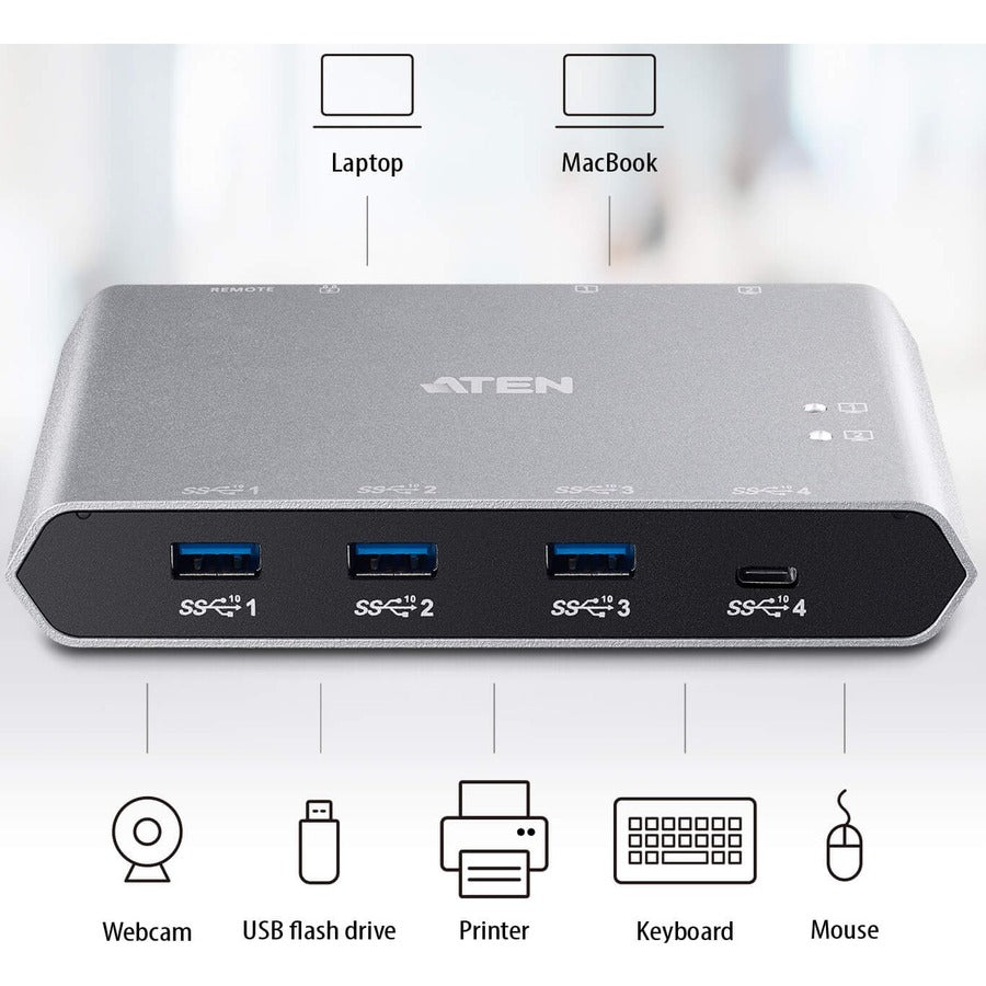 ATEN 2-Port USB-C Gen 2 Sharing Switch with Power Pass-through US3342