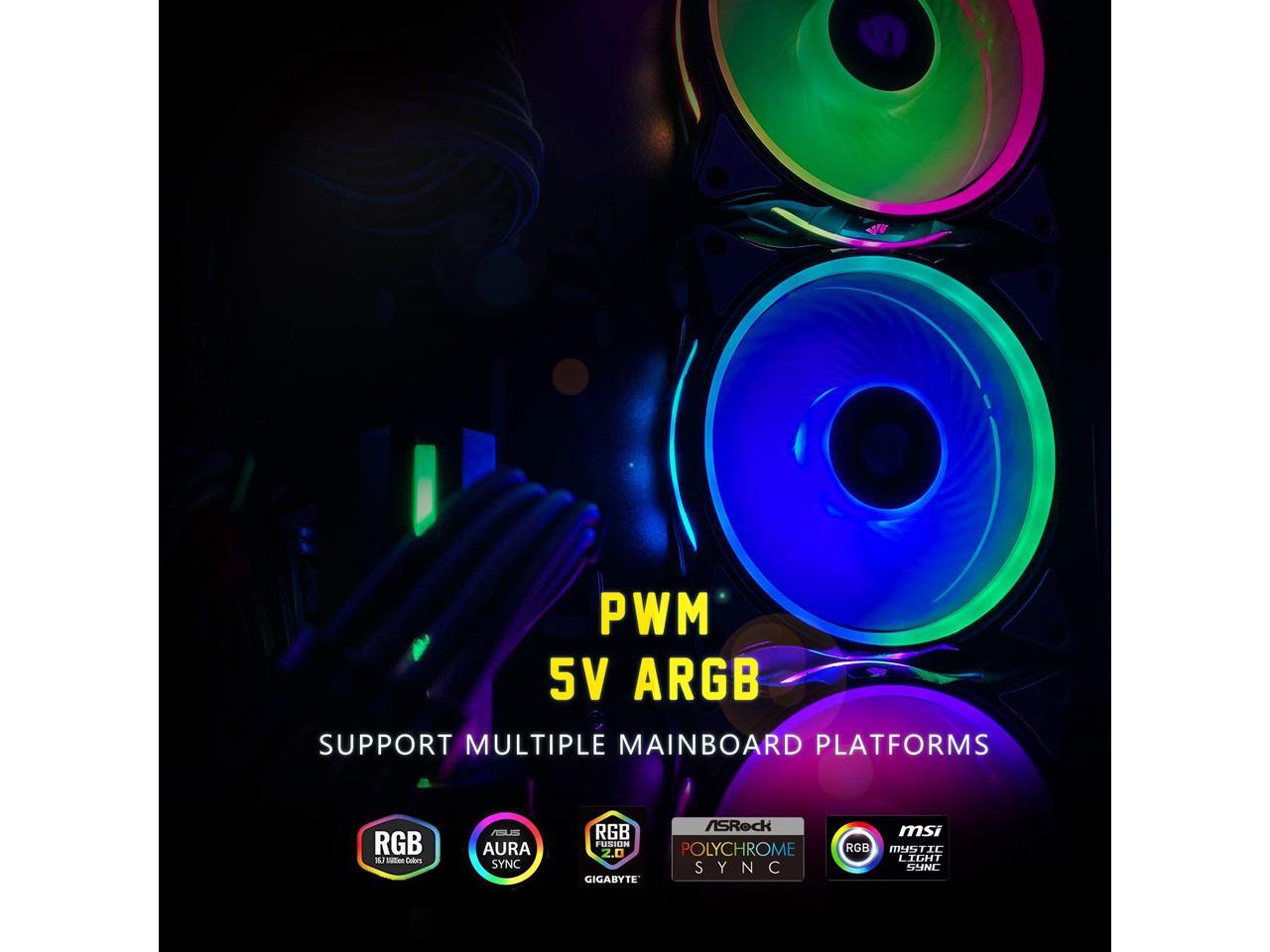 Asiahorse Fs-9002 120Mm Argb Bearing Case/Radiator White Case Fan(In And Outside Light Efect) With 5V Motherboard Sync/Analog Pwm Hub (3Pack)-Black