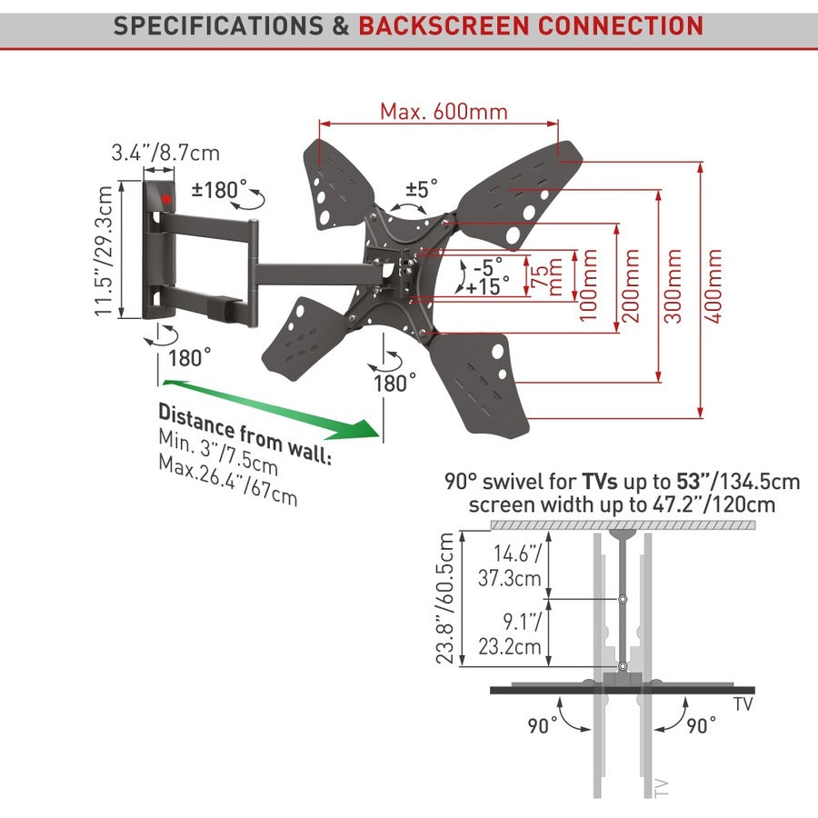 Barkan Full-Motion 3400L Wall Mount for TV - Black 3400L.B