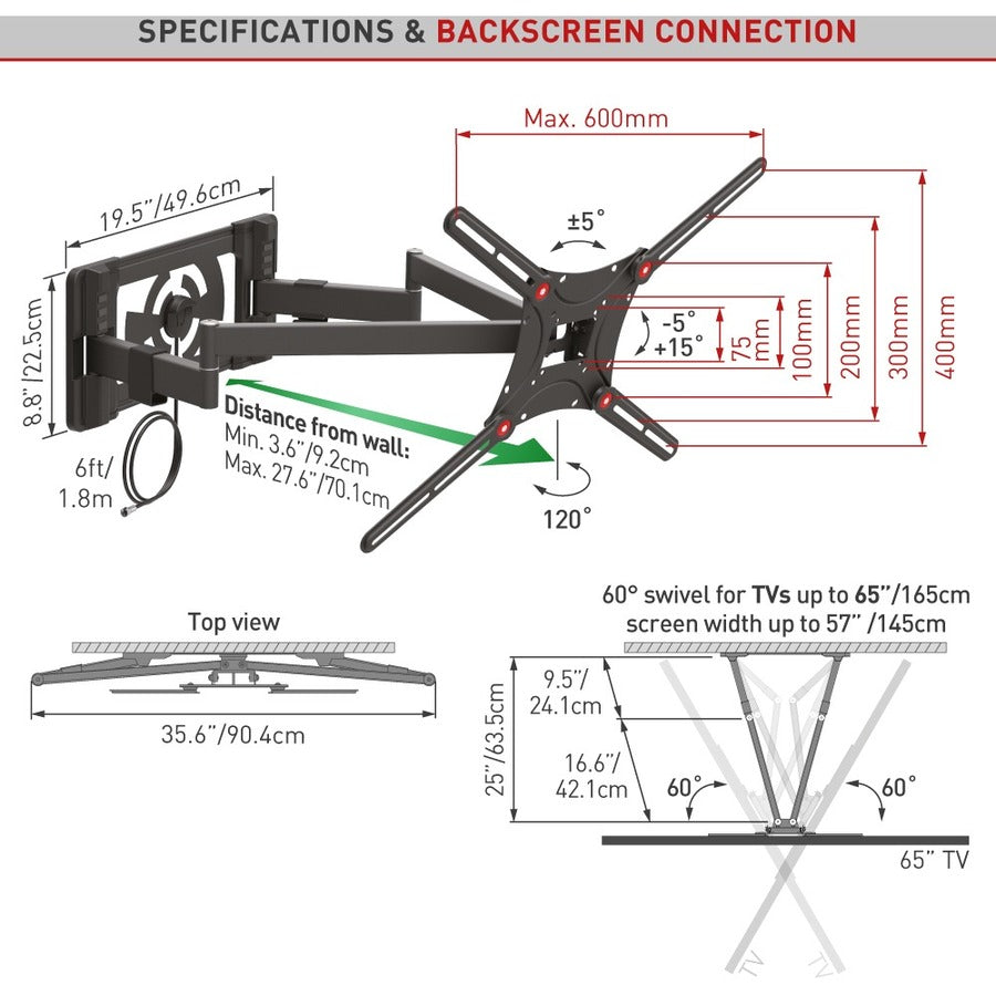 Barkan Full-Motion Wall Mount for TV, Flat Panel Display, Curved Screen Display - Black TVA48