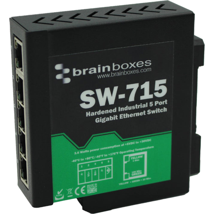 Brainboxes Hardened Industrial 5 Port Gigabit Ethernet Switch DIN Rail Mountable SW-715