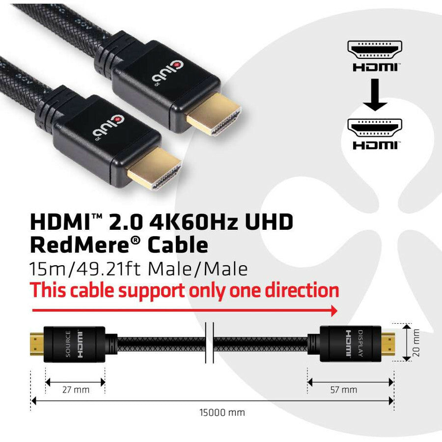 Club 3D HDMI 2.0 4K60Hz UHD RedMere Cable 15 m/49.21ft Male/Male CAC-2314