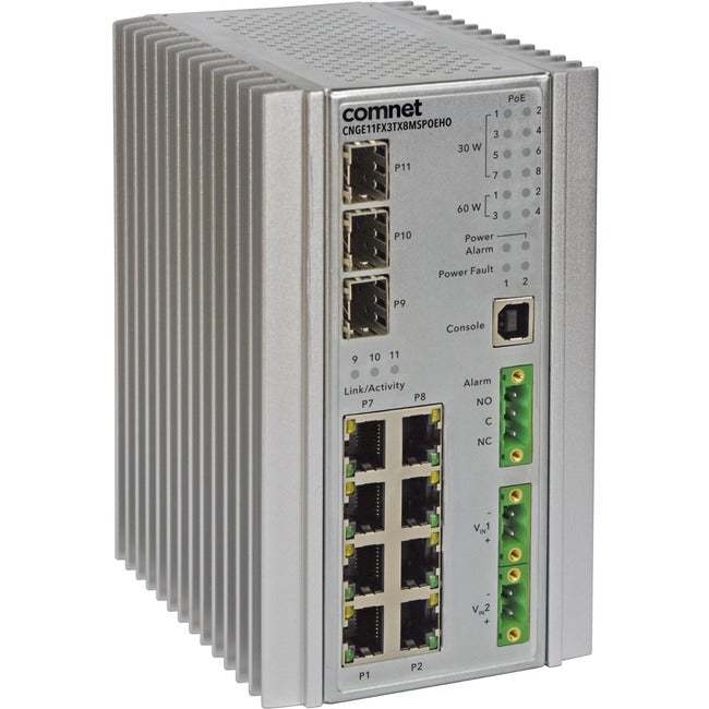 ComNet Industrially Hardened 11 Port Gigabit Managed Ethernet Switch CNGE11FX3TX8MSPOE/24