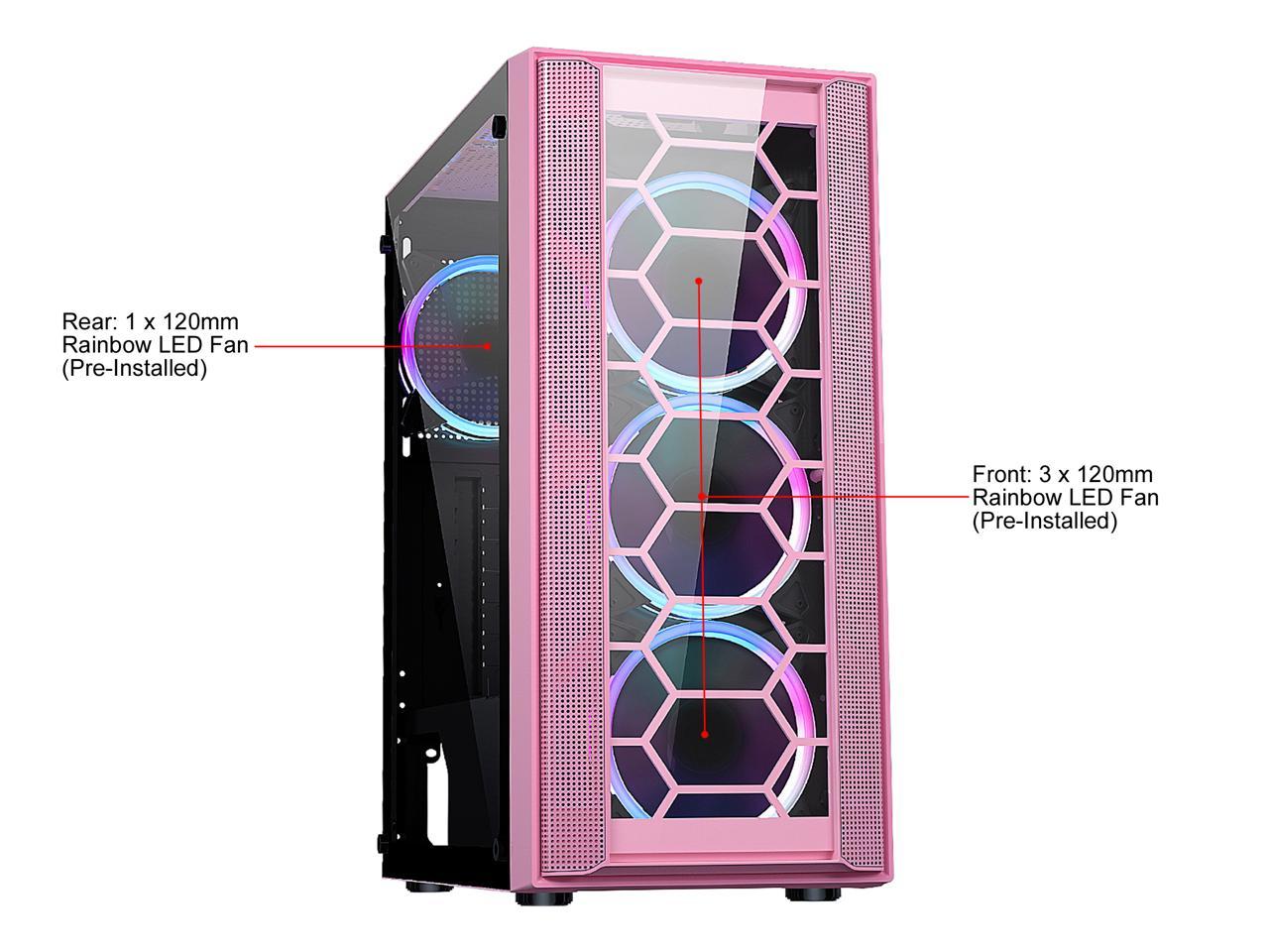 Diypc Rainbow-Flash-F4-P Pink Usb 3.0 Steel / Tempered Glass Atx Mid Tower Computer Case, 4 X 120Mm Autoflow Rainbow Led Fans (Pre-Installed)