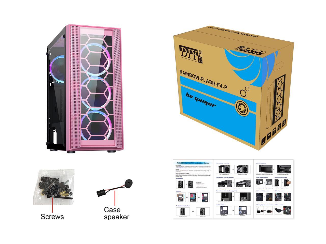 Diypc Rainbow-Flash-F4-P Pink Usb 3.0 Steel / Tempered Glass Atx Mid Tower Computer Case, 4 X 120Mm Autoflow Rainbow Led Fans (Pre-Installed)