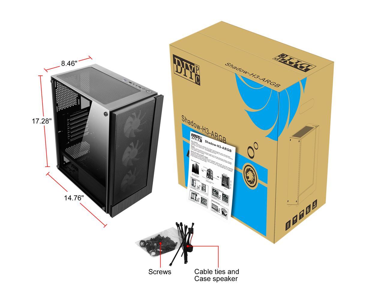 Diypc Shadow-H3-Argb Black Steel / Tempered Glass Atx Mid Tower Computer Case W/ 3 X 120Mm Halo Argb Led Fans Pre-Installed