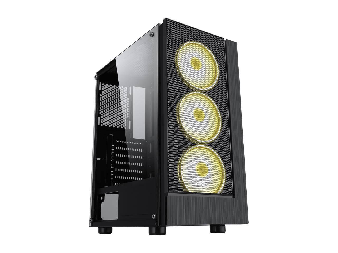 Diypc Shadow-H3-Argb Black Steel / Tempered Glass Atx Mid Tower Computer Case W/ 3 X 120Mm Halo Argb Led Fans Pre-Installed