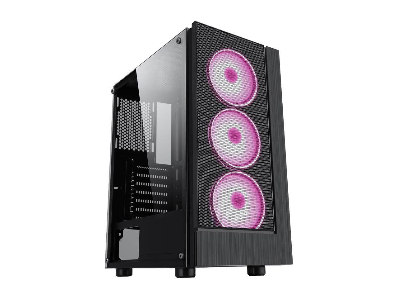Diypc Shadow-H3-Argb Black Steel / Tempered Glass Atx Mid Tower Computer Case W/ 3 X 120Mm Halo Argb Led Fans Pre-Installed