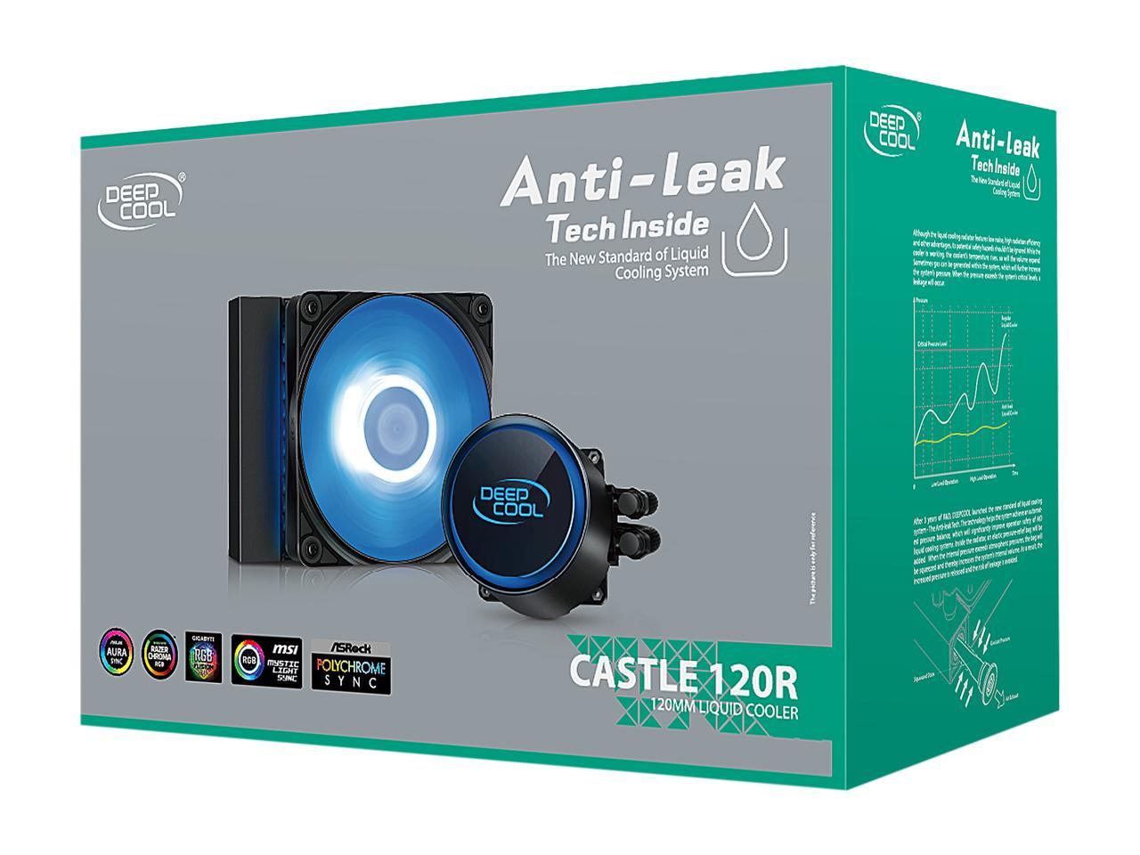 Deepcool Castle 120R Aio Liquid Cpu Cooler, Anti-Leak Technology, 120Mm Rgb Pwm Fan, 12V 4-Pin Motherboard Connector, Intel 115X/ 1200/ 2066, Amd Am4