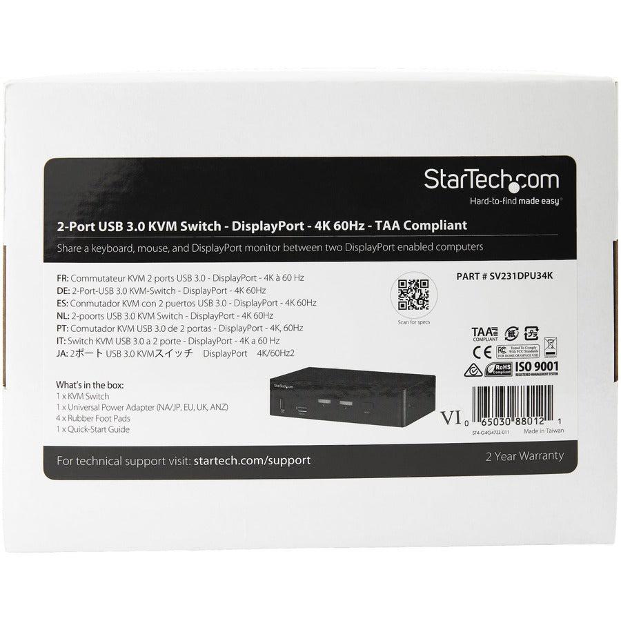 DisplayPort KVM Switch 4K 60Hz - 2 Port Desktop Computer Switch | StarTech.com SV231DPU34K