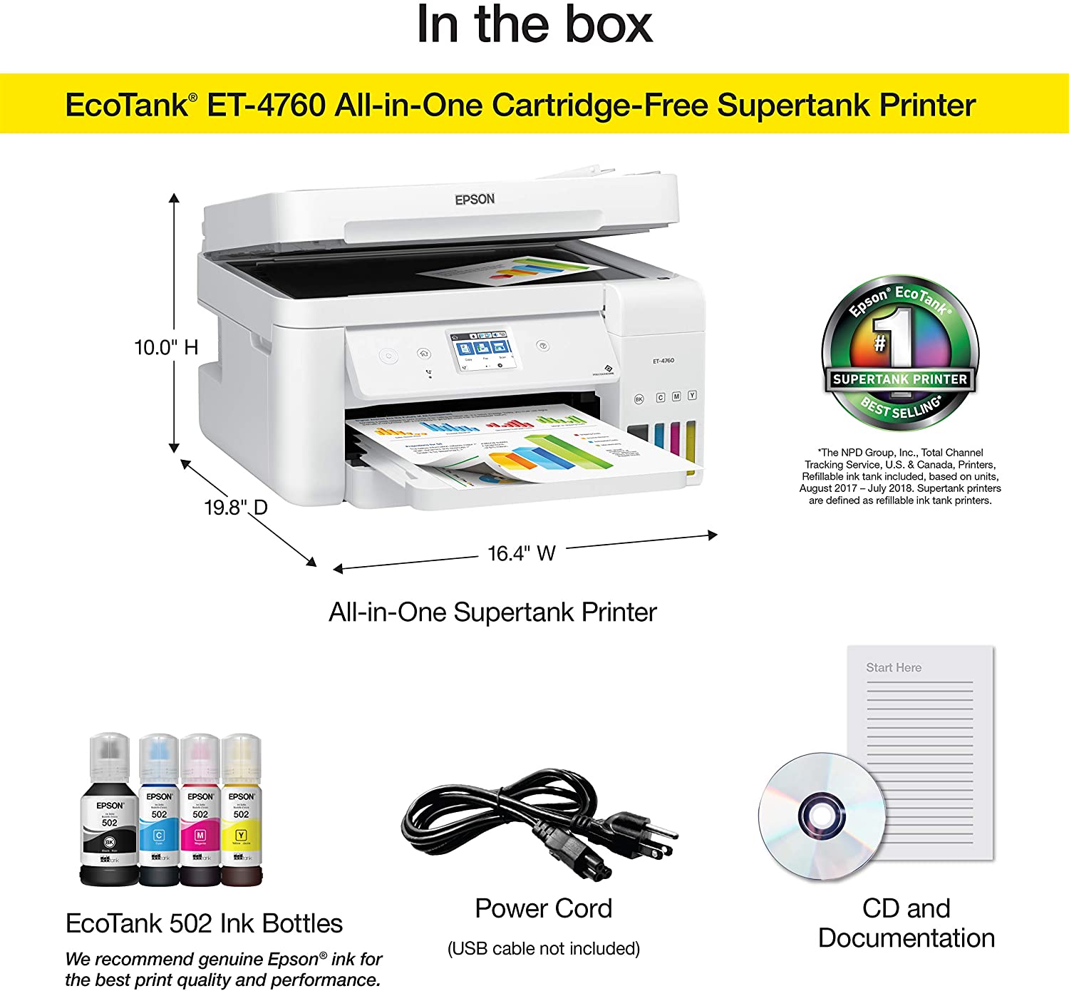 Epson Ecotank Et-4760 Wireless Color All-In-One Cartridge-Free Supertank Printer