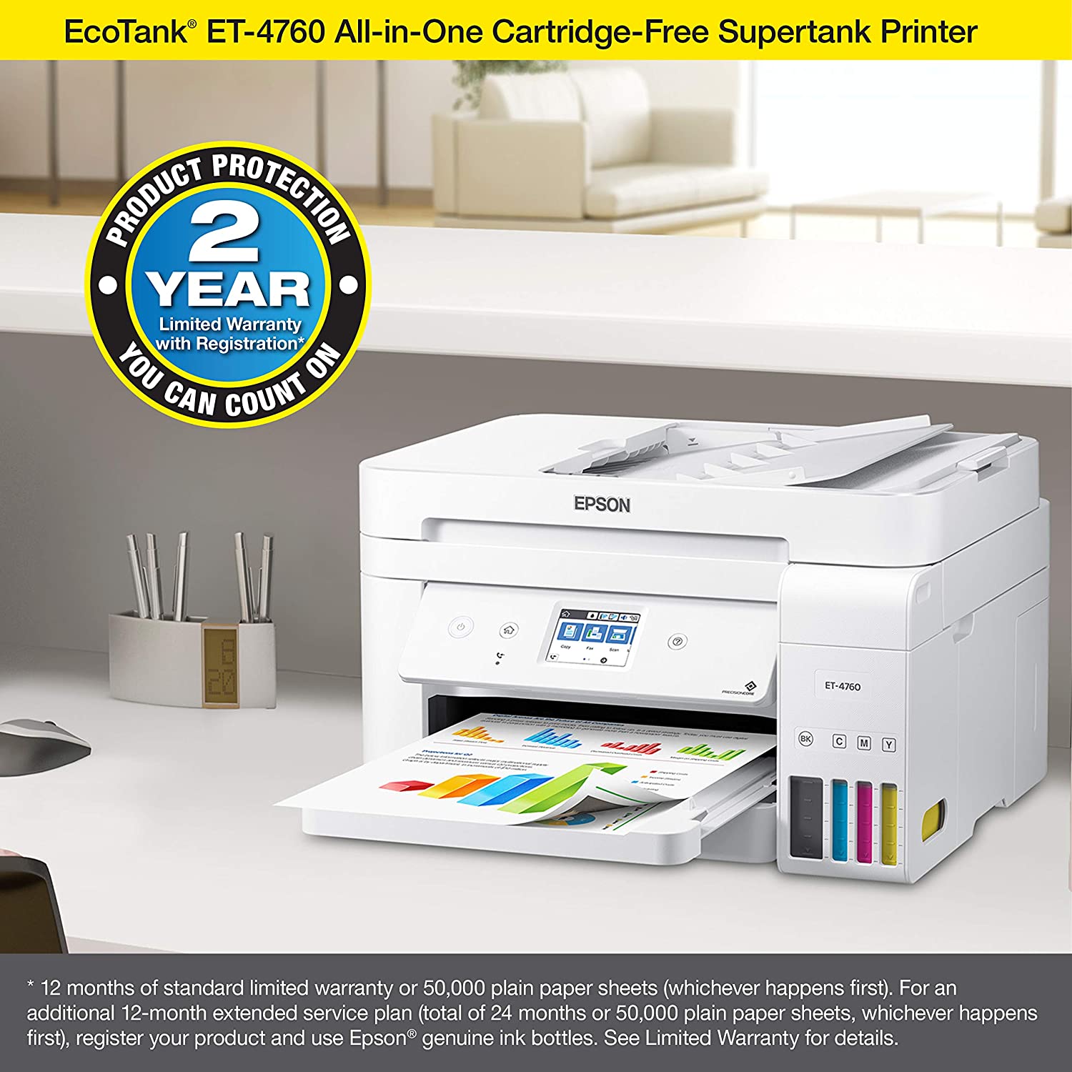 Epson Ecotank Et-4760 Wireless Color All-In-One Cartridge-Free Supertank Printer