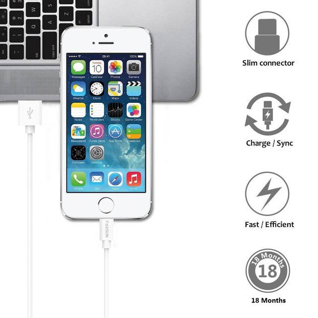 Foxsun Am001006 Iphone Charging Cable 6.6 Ft/2M Lightning Cable For Iphone 7/7Plus/6/6Plus/6S/6S Plus/5/5S/5C/Se, Ipad Pro/Air/Mini (White)