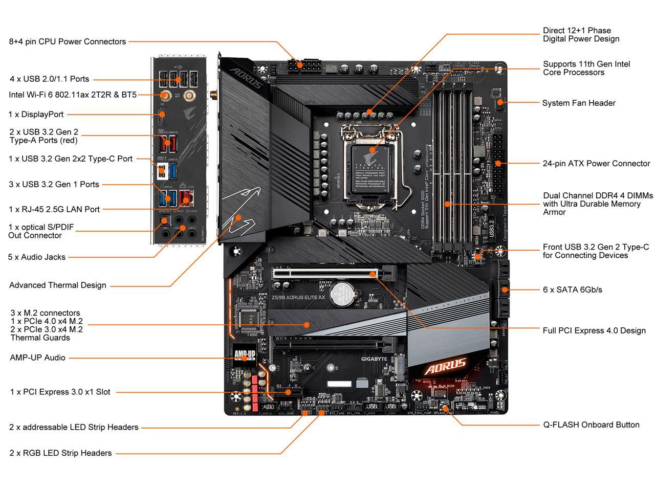 Gigabyte Z590 Aorus Elite Ax Lga 1200 Intel Z590 Atx Motherboard With Triple M.2, Pcie 4.0, Usb 3.2 Gen2X2 Type-C, Intel Wifi 6, 2.5Gbe Lan