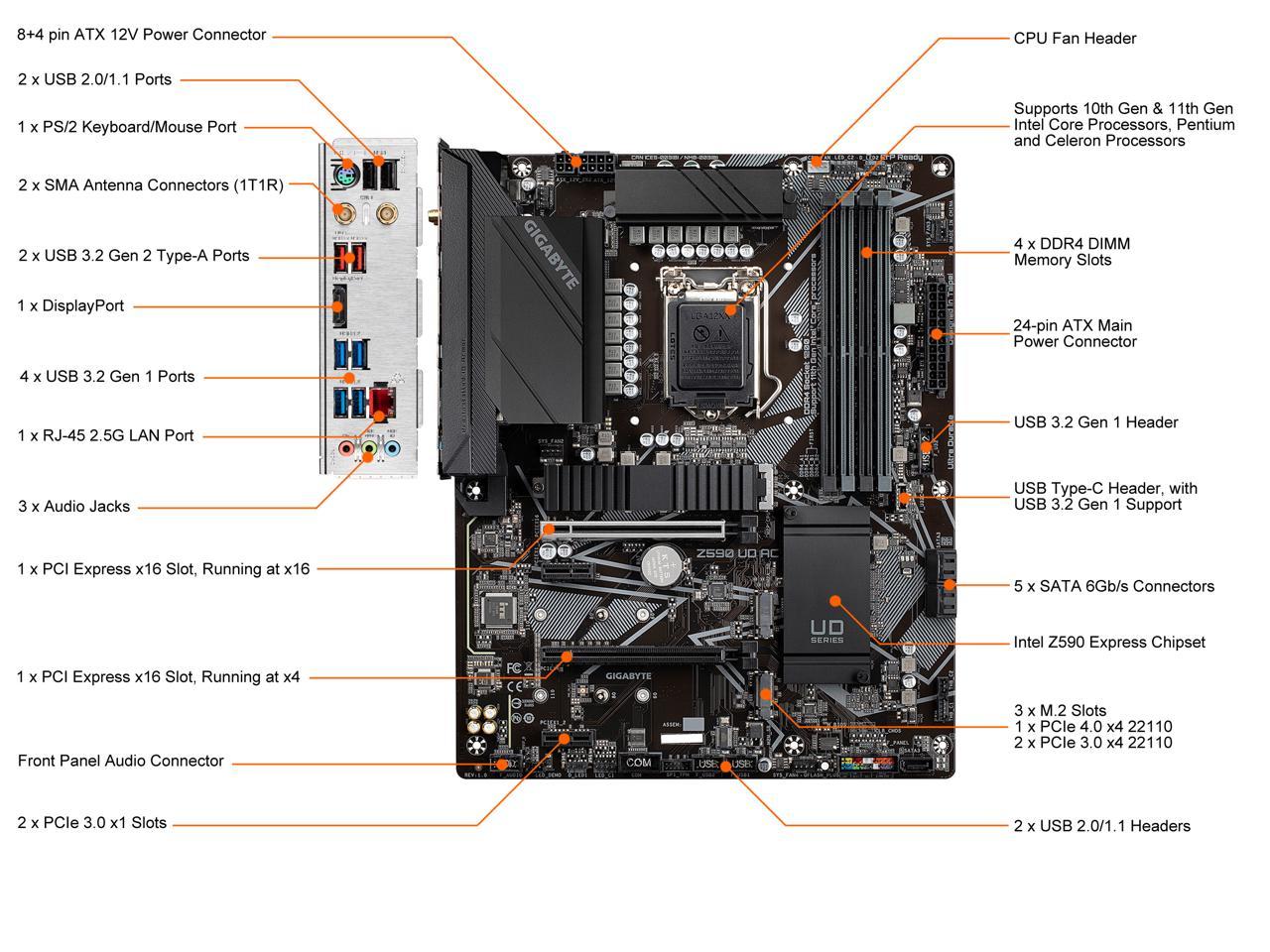 Gigabyte Z590 Ud Ac Lga 1200 Intel Z590 Atx Motherboard With Triple M.2, Pcie 4.0, Usb 3.2 Gen 2, Intel Wireless-Ac, 2.5Gbe Lan