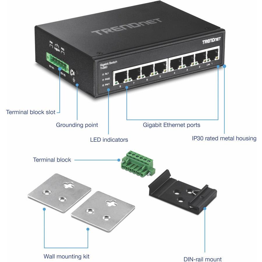 Industrial Ethernet Switch - 8-Port Gigabit DIN-Rail Hardened | TrendNet TI-G80