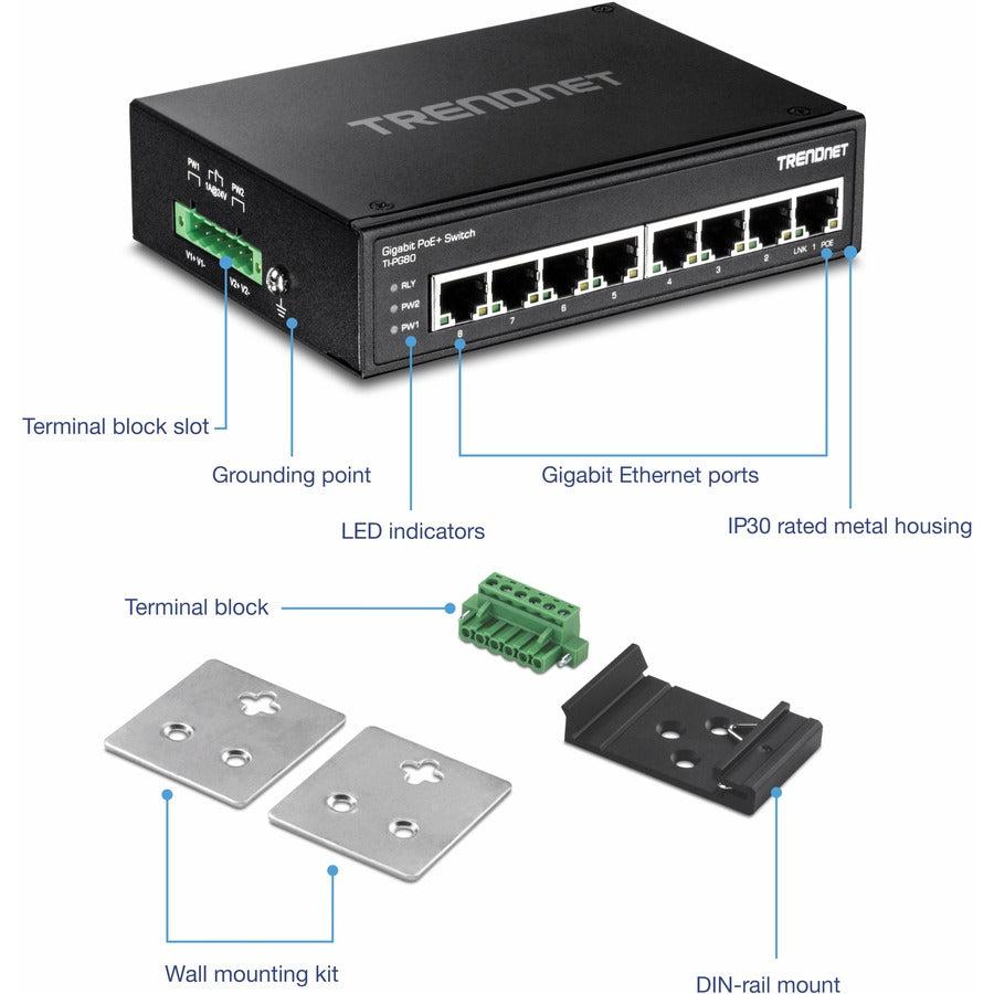Industrial PoE Switch - 8-Port Gigabit DIN-Rail Ethernet Switch | TRENDnet TI-PG80
