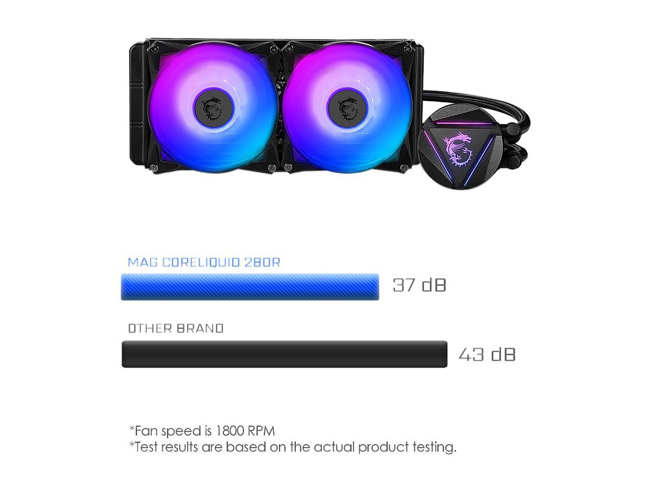 Msi Mag Series Coreliquid 280R, Rgb Cpu Liquid Cooler (Aio): Rotatable Blockhead Design, 280Mm Radiator, Dual 140Mm Rgb Pwm Fans