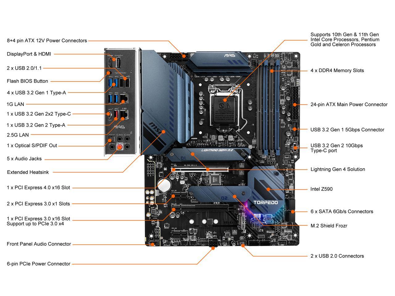 Msi Mag Z590 Torpedo Lga 1200 Intel Z590 Sata 6Gb/S Atx Intel Motherboard