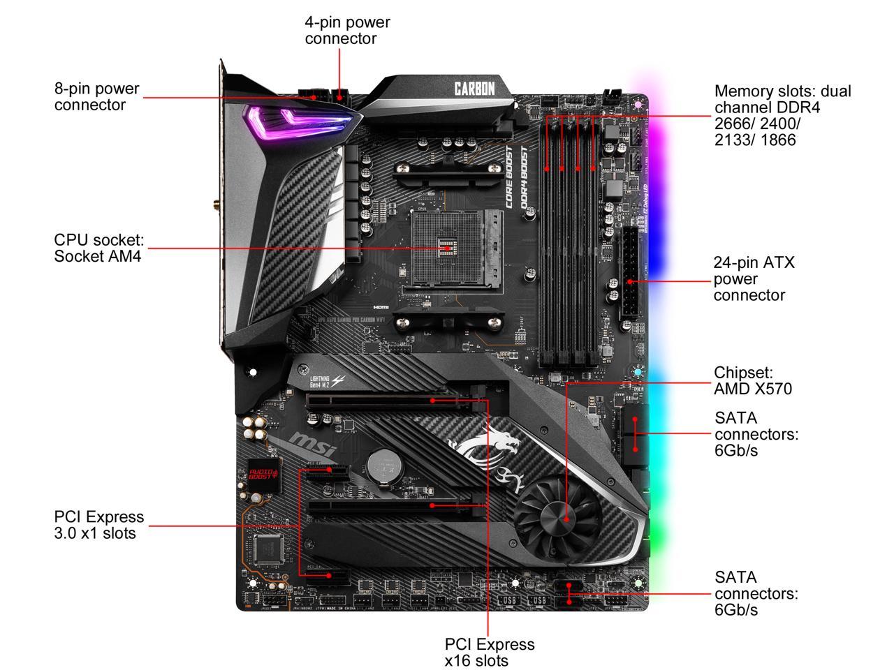 Msi Mpg X570 Gaming Pro Carbon Wifi Gaming Motherboard Amd Am4 Sata 6Gb/S M.2 Usb 3.2 Gen 2 Wi-Fi 6 Hdmi Atx