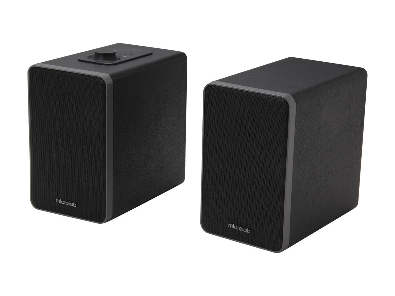 Microlab H21 Wireless Bluetooth Bookshelf Speaker System W/ Versatile Connectivity & Real Wooden & Leather Finishing Cabinets (Black)