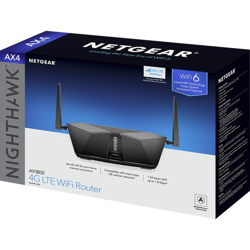 Netgear LAX20 Wi-Fi 6 IEEE 802.11ax 1 SIM Cellular, Ethernet Modem/Wireless Router LAX20-100NAS