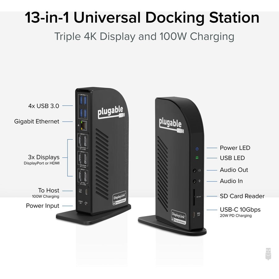 Plugable 4K USB C Docking Station Triple Monitor with 100W Charging UD-ULTC4K