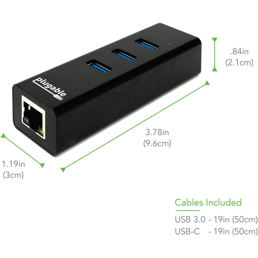 Plugable USB Hub with Ethernet, 3 port USB 3.0 Bus Powered Hub with Gigabit Ethernet USB3-HUB3ME