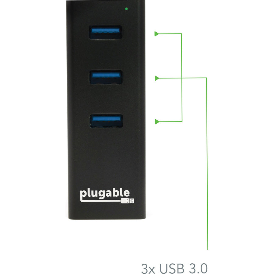Plugable USB Hub with Ethernet, 3 port USB 3.0 Bus Powered Hub with Gigabit Ethernet USB3-HUB3ME
